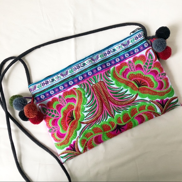 100% Cotton Floral Embroidered Pompom Crossbody - Picture 1 of 8